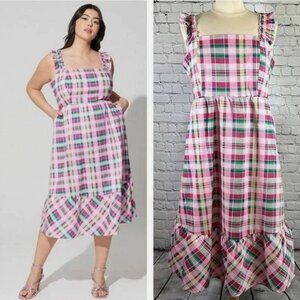 Torrid Pink‎ Plaid Ruffle Strap Smocked Back Midi Dress Cottagecore Milkmaid